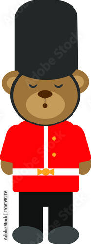 Vector illustration of bear in British army soldier form in cartoon style. Teddy bear in guardsmen form. Vector character photo