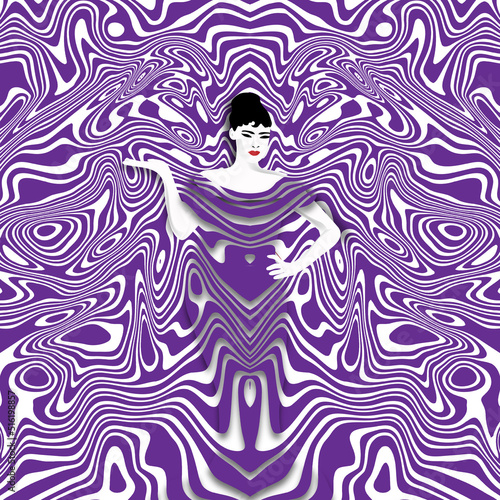 The pattern on a woman's dress blends with the background of the image.
