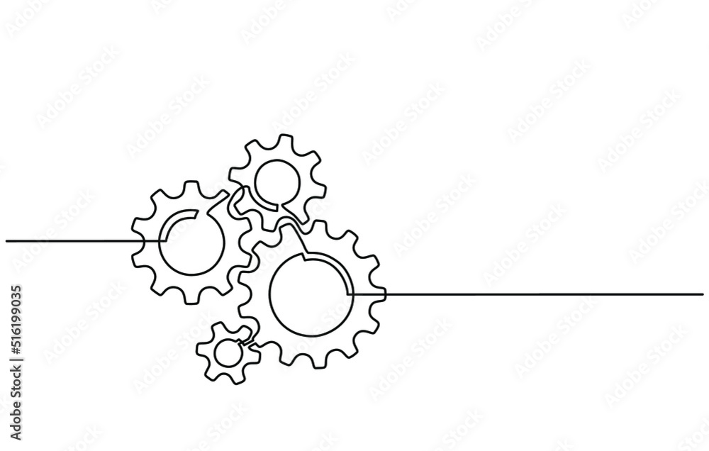 Continuous line drawing of machine gears. Vector illustration of a gear