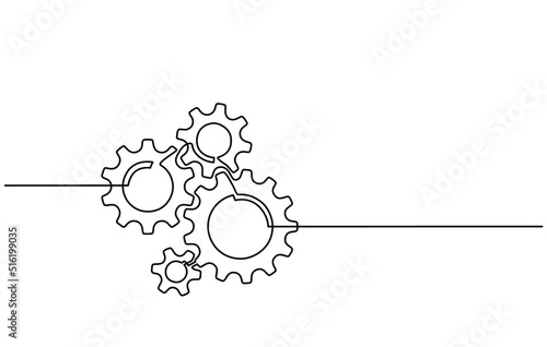 Continuous line drawing of machine gears. Vector illustration of a gear wheel with gears on a transparent background. Engine gear technology concept in doodle style photo