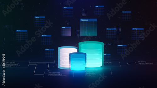 Multiple database is placed on Relational database tables. Concept of database server, SQL, data storage, database diagram design, Data center, Webhosting. 3D rendering. photo