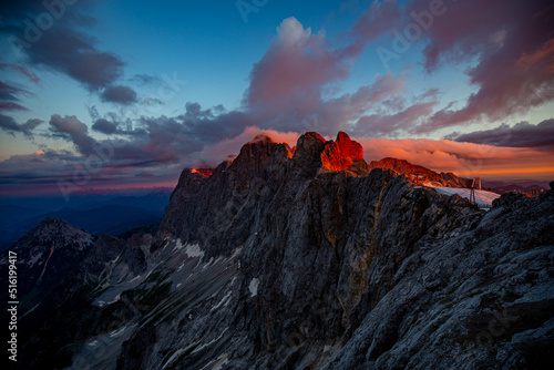 Summer sunrise in the Alps on the top of the Dachstein 3000 m.