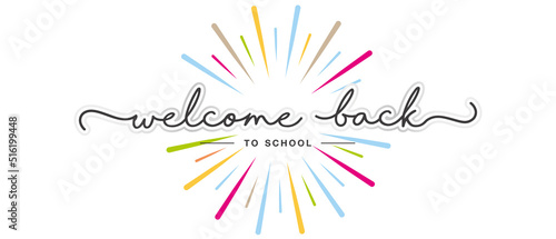 Welcome back to school, new beautiful white handwritten lettering calligraphy, tipography with colorful firework on white background