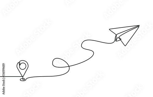 Continuous line drawing of aircraft flight routes and airport destinations. paper airplane icon and airplane destination line path of airplane flight route with starting point location in doodle style