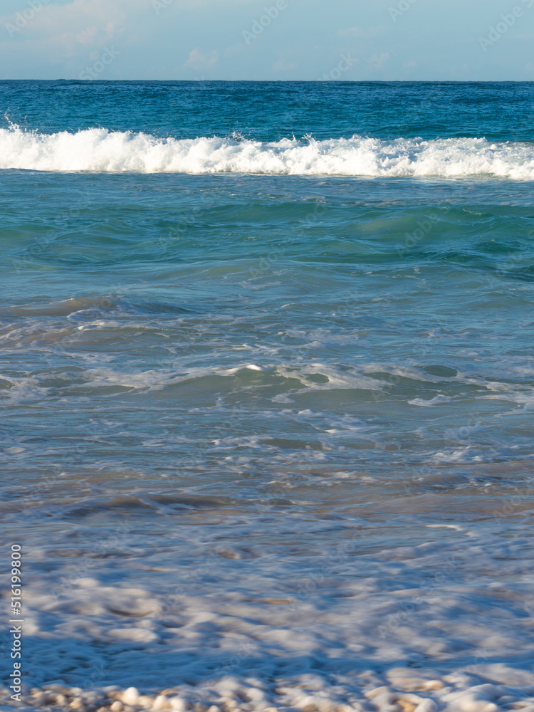 Fototapeta premium Ocean shore, powerful waves. A beautiful beach, a turquoise wave runs onto the shore. Natural marine background