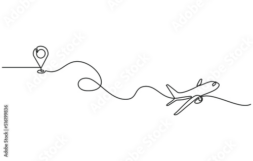 Continuous line drawing of aircraft flight routes and airport destinations. airplane line path icon of airplane flight route with starting point location and single line trail in doodle style.