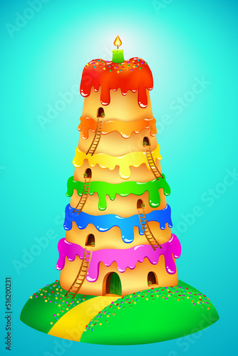 rainbow cake with colorful cream and sugar dragees. sweet lighthouse cake with windows, ladders and candle. fairytail vector illustration.