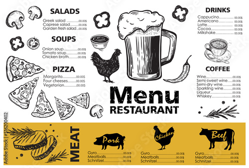 Menu template design for restaurant, sketch illustration. Vector.	