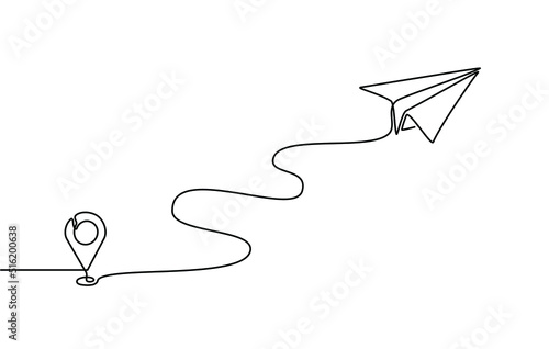 Continuous line drawing of aircraft flight routes and airport destinations. paper airplane icon and airplane destination line path of airplane flight route with starting point location in doodle style