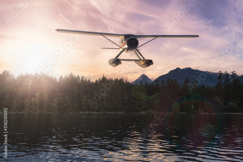 Seaplane flying over a Lake, trees and mountains in Canadian Landscape. 3D Rendering Artwork. Background from Chilliwack Lake, British Columbia, Canada. photo