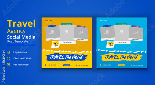 Travel The World Social Media Template, Travel Agency Social Media Post Template, Travel Social Media Banner Post