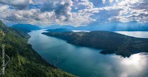 Aerial panorama view of the Harrison Lake and the Long Island, Kent, British Columbia, Canada photo