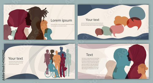 Silhouette group multicultural men and women of diverse cultures. Diversity people. Concept of racial equality and anti-racism. Banner. Set poster. Cover template. Leaflet copy space. Team