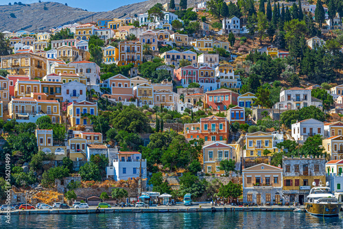 Symi harbour, Greece, with colorful neoclassical mansions