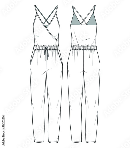 Overlapped Crossover Strappy Waist Gathered Jumpsuit Front and Back View Vector Fashion Illustration , CAD, Technical Drawing, Flat Drawing.