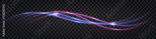 Neon glowing swirl wave, electric light effect. Purple and blue curve lines, cyber technology, fiber optic, isolated design element on dark transparent background.  Vector illustration