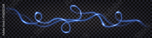 Blue electric swirl wave, glowing light effect. Twisted impulse lines.Digital technology, electrical wire cable twirl. Isolated on dark transparent background.  Vector illustration