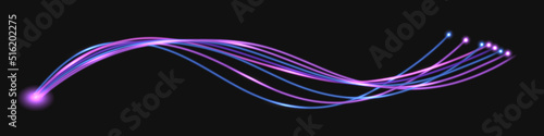 Fiber optic network technology; neon purple glowing wave swirl, thunder bolt, impulse cable lines. isolated on dark background. vector illustration