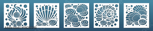 Coasters laser cut templates. Nautical underwater design with seashells. CNC cutting stencil, paper art, wall art square panels, room interior decorative tiles. Vector illustration