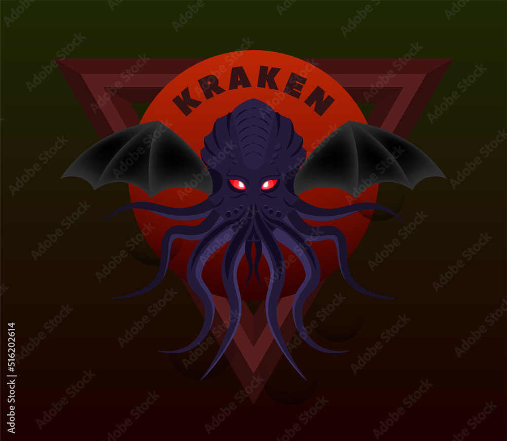 Vector abstract horrible sea monster chimera kraken with long tentacles, bat wings and glowing red eyes. Emblem or logo Vector abstract horrible sea monster chimera kraken with long tentacles, bat wings and glowing red eyes. Emblem or logo
