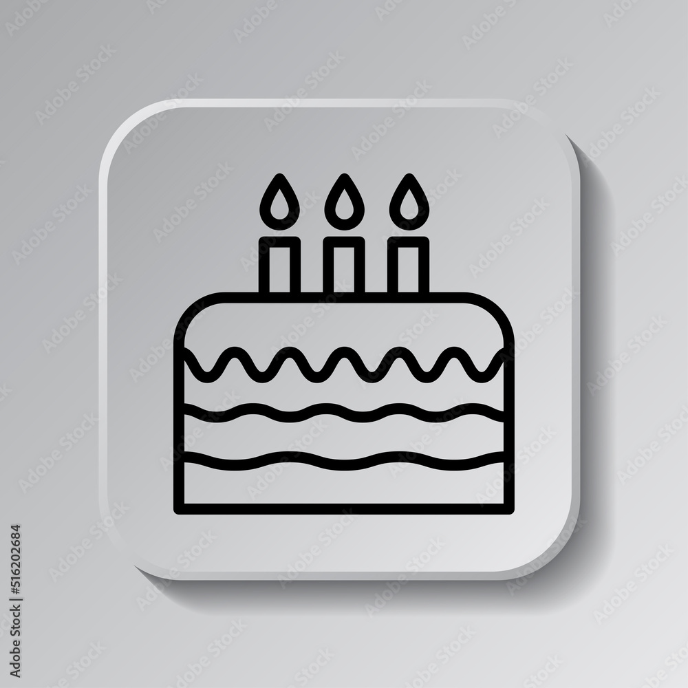 Cake, birthday simple icon vector. Flat design. Black icon on square button with shadow. Grey background.ai Cake, birthday simple icon vector. Flat design. Black icon on square button with shadow. Grey background.ai