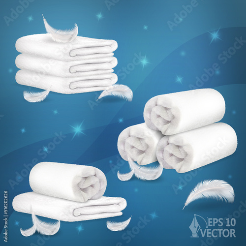 Set of white, terry and soft towels, rolled and folded, airy delicate feathers, crystal clear. 3d realistic vector illustration
