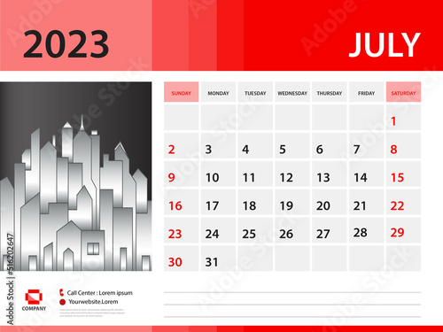 July 2023 year- Calendar 2023 template, Desk Calendar 2023 year, Week Start On Sunday, Wall calendar design, sample Planner, Stationery, Poster, printing media, red background photo