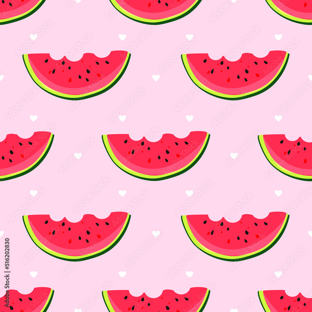 Pieces of watermelon. Seamless cute pattern. Summer vibes. Red watermelon on a pink background. Vector. Pieces of watermelon. Seamless cute pattern. Summer vibes. Red watermelon on a pink background. Vector.