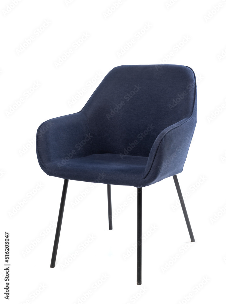 Comfortable blue armchair on white background. Interior element. Blue velor armchair on stable wooden legs. Suede seat for an interior of cafe, restaurants and dining room interior. Cozy and elegant Comfortable blue armchair on white background. Interior element. Blue velor armchair on stable wooden legs. Suede seat for an interior of cafe, restaurants and dining room interior. Cozy and elegant