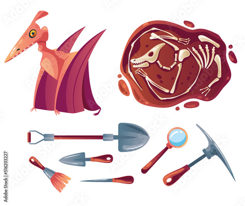 Dinosaur excavation archaeology paleontology tools isolated set. Vector flat graphic design element illustration