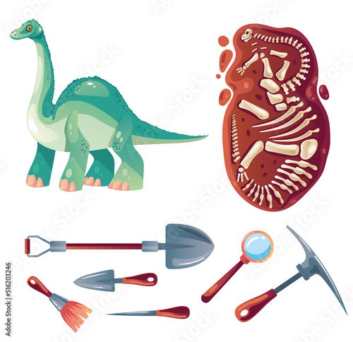 Dinosaur excavation archaeology paleontology tools isolated set. Vector flat graphic design element illustration