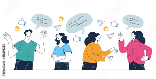 People colleague man woman characters talking discussion and having dialog concept. Vector flat graphic design element illustration