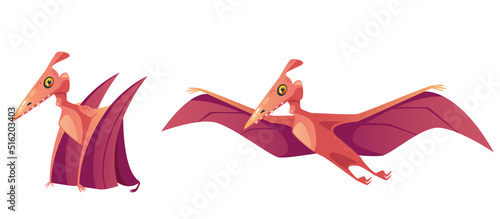 Pterodactyl character sitting and flying concept. Vector flat graphic design element illustration