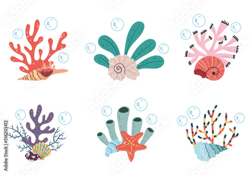 Seaweed on sea bottom isolated set. Vector flat cartoon graphic design illustration
