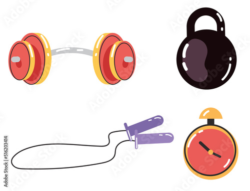 Sport timer stopwatch skipping rope weight barbell isolated set tool concept. Vector flat cartoon graphic design illustration