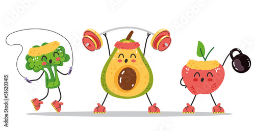 Sporty avocado broccoli apple character making exercise in gym composition. Vector flat graphic design element illustration