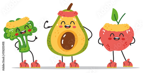 Sporty avocado broccoli apple character making exercise in gym composition. Vector flat graphic design element illustration