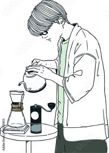  illustration of a man making coffee. cute barista illustration. filter coffee