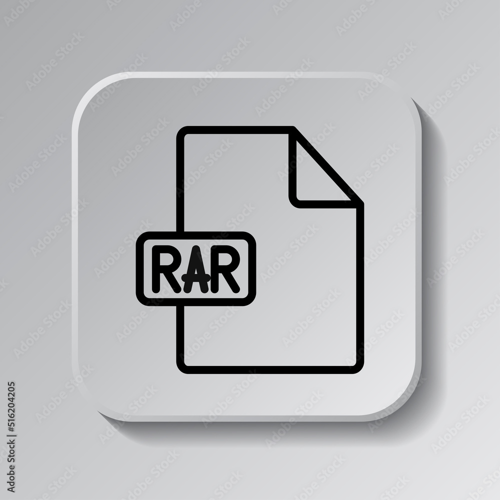 Fototapeta premium RAR file simple icon vector. Flat design. Black icon on square button with shadow. Grey background.ai