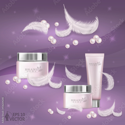 Advertising set of skin care cosmetics, soft pink package for cream decorated with pearls and air feathers, 3d realistic vector illustration