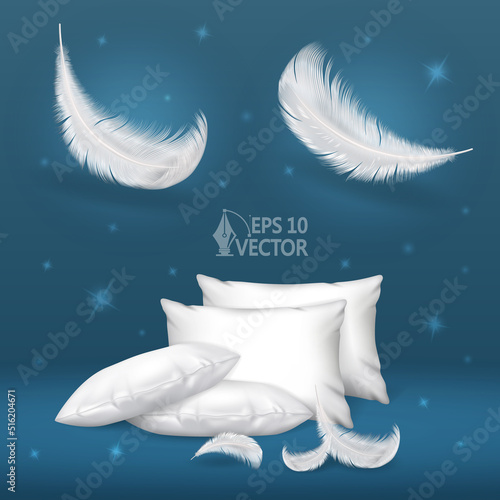 White soft pillows for a night's sleep. 3d realistic vector illustration with comfortable pillows, airy, delicate feathers and shining stars