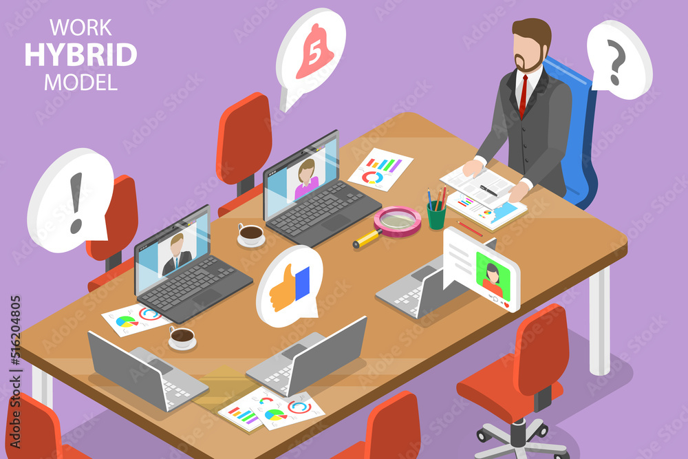 3D Isometric Flat Vector Conceptual Illustration of Hybrid Work Model, Flexible Workspace Structure 3D Isometric Flat Vector Conceptual Illustration of Hybrid Work Model, Flexible Workspace Structure