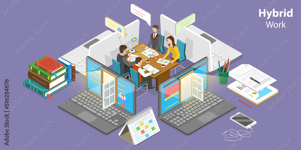 Obraz premium 3D Isometric Flat Vector Conceptual Illustration of Hybrid Work, Telework and Job From Home