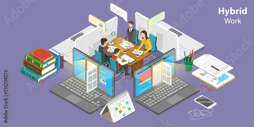 3D Isometric Flat Vector Conceptual Illustration of Hybrid Work, Telework and Job From Home