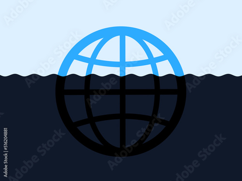 Darknet and dark web - symbol of online internet and net is partly covered, hidden and concealed under water surface. Secret, private and confidential website and webpage. Vector illustration.