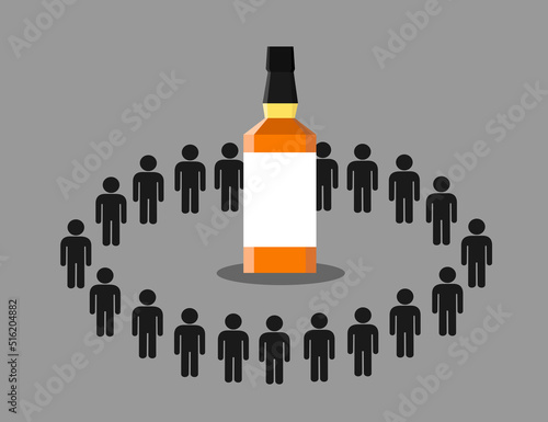 Rehab - meeting of alcohol addicts. People are sharing problem of alcoholism and alcoholic addiction for drinking and be drunk. Group is standing around the bottle. Vector illustration.
