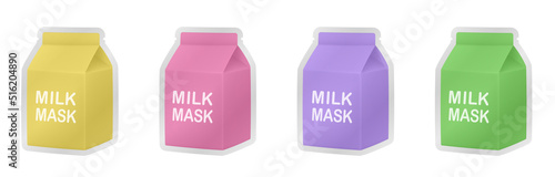 Pink, yellow, purple and green paper sachet or pouch. Vector bags mockup of foil packs. Cosmetics samples of a Korean milk mask. Moisturizing sheet face mask. Realistic 3d mock up set