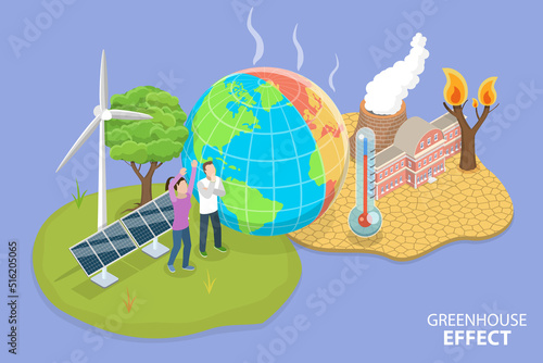 3D Isometric Flat Vector Conceptual Illustration of Greenhouse Effect, Earth Temperature Rising