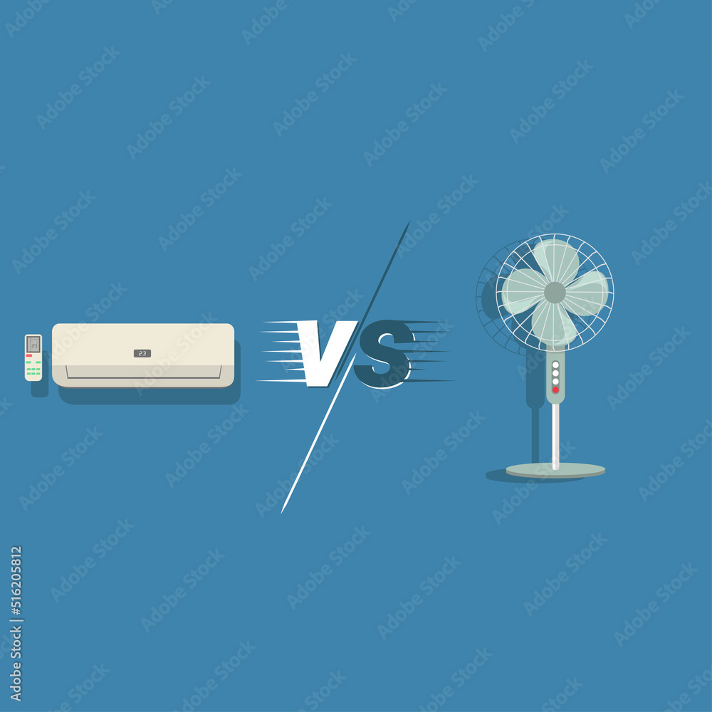 illustration of ac or air conditioner vs fan, flat design vector, comparison of ac and regular fan, the disadvantages and advantages of the two tools - obrazy, fototapety, plakaty 