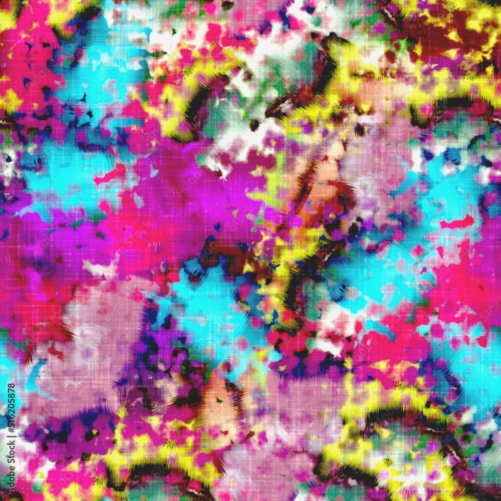 Messy summer tie dye batik beach wear pattern. Seamless colorful stain space dyed effect fashion. Washed out soft furnishing background.